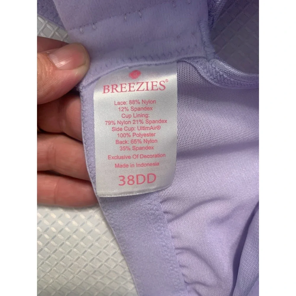 (D-115) Breezies Lace Bra 38DD Purple Front Closure Wireless Comfort QVC New